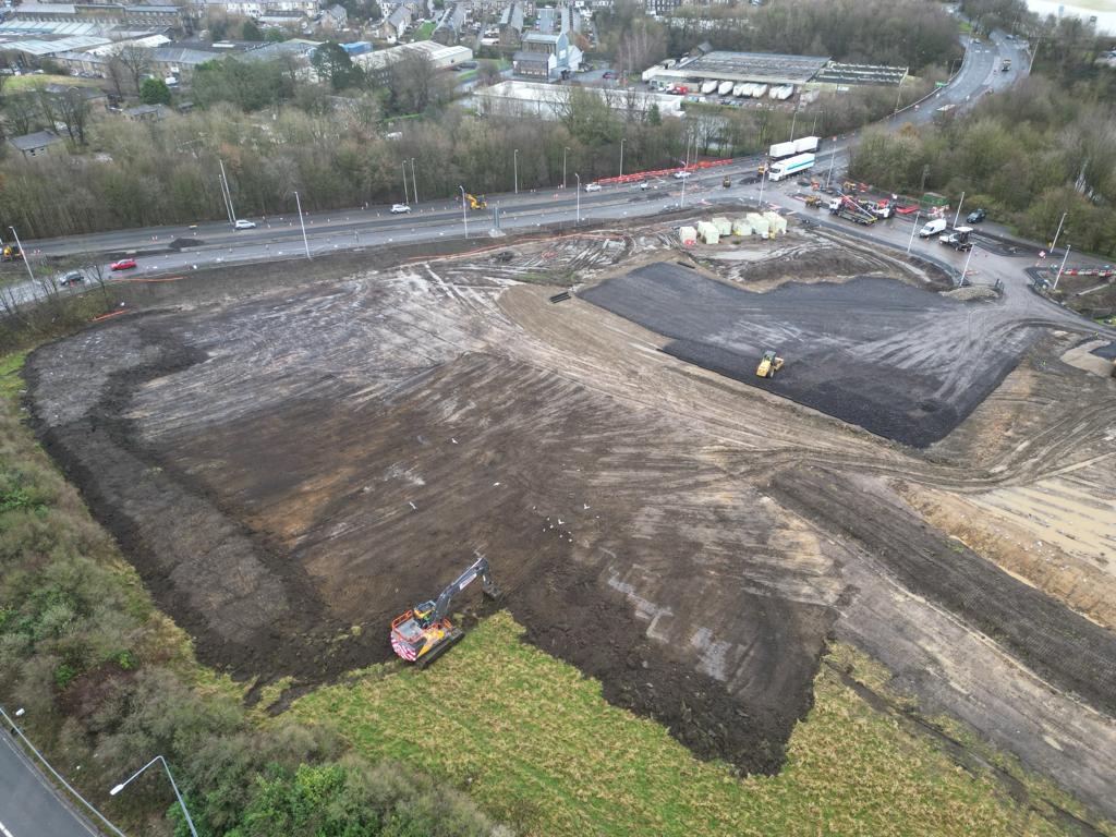 An aerial view of the construction site in Colne.